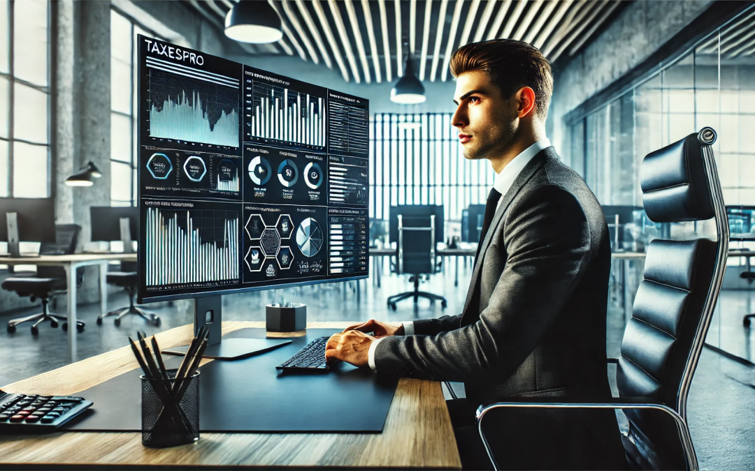 empresario de TaxesPro concentrado, mirando la pantalla de su computadora donde se muestran gráficos dinámicos y paneles de control de un software de contabilidad. La oficina es moderna y bien iluminada, simbolizando un ambiente de trabajo eficiente y tecnológicamente avanzado.
