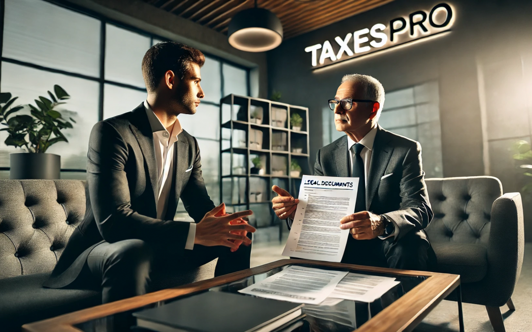 Un empresario y un asesor legal de TaxesPro sentados frente a frente en una oficina elegante y moderna, discutiendo documentos legales. La imagen transmite seriedad y el peso de tomar decisiones informadas sobre la estructura empresarial.