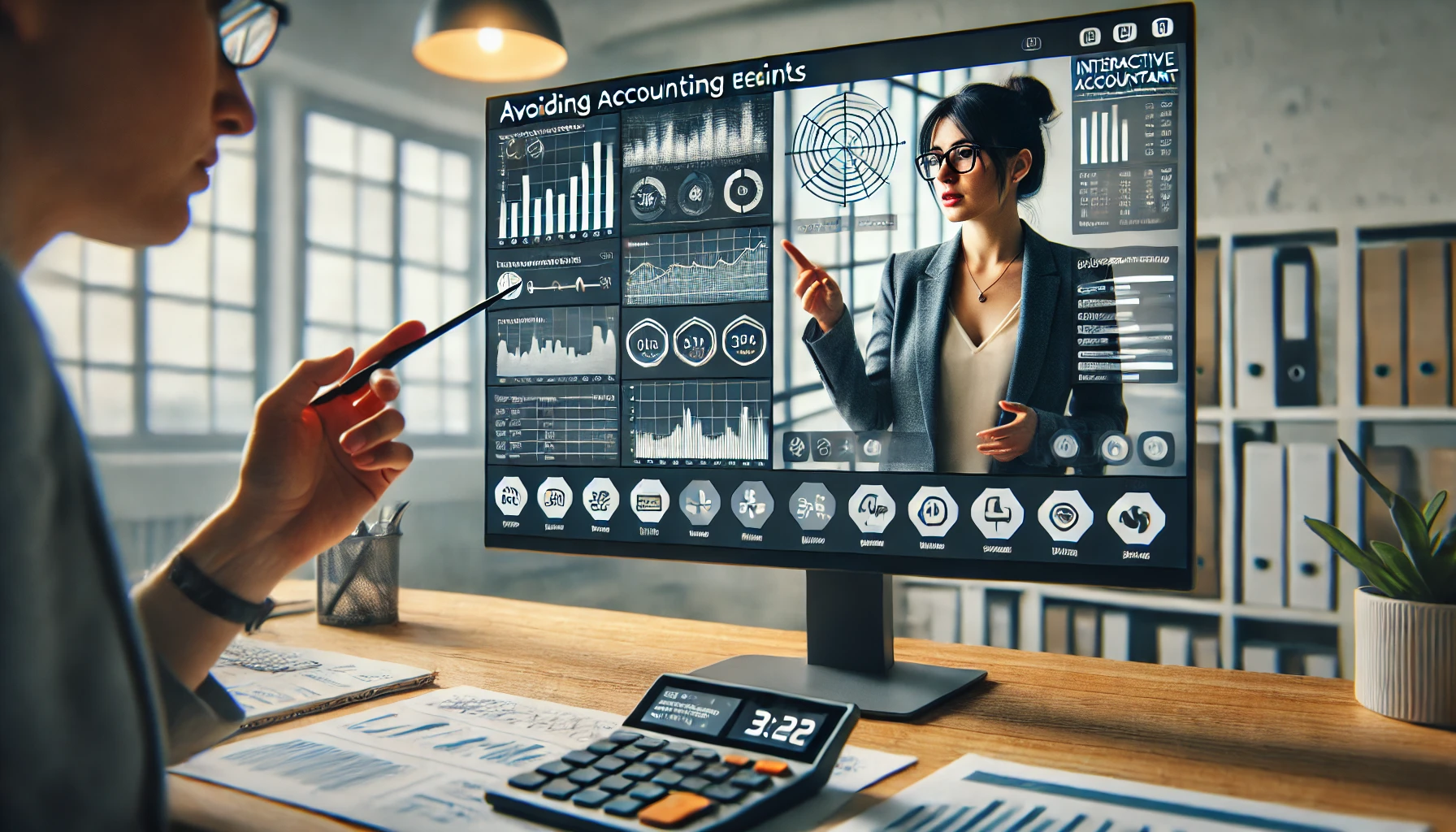 Videollamada de TaxesPro Pantalla de computadora durante una videollamada donde un contable profesional explica un punto crítico a un autónomo. El contable usa gráficos interactivos y señala datos específicos, ilustrando un enfoque proactivo para evitar errores contables.