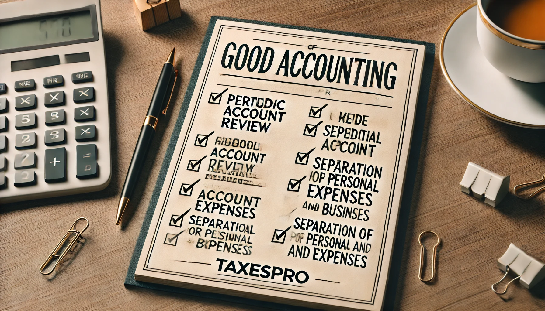 Escritorio de TaxesPro lista de verificación de buenas prácticas contables, escrita a mano en un bloc de notas elegante sobre un escritorio de madera de TaxesPro. Los ítems de la lista incluyen recomendaciones como "Revisión periódica de cuentas" y "Separación de gastos personales y de negocio", promoviendo hábitos que pueden prevenir errores comunes.