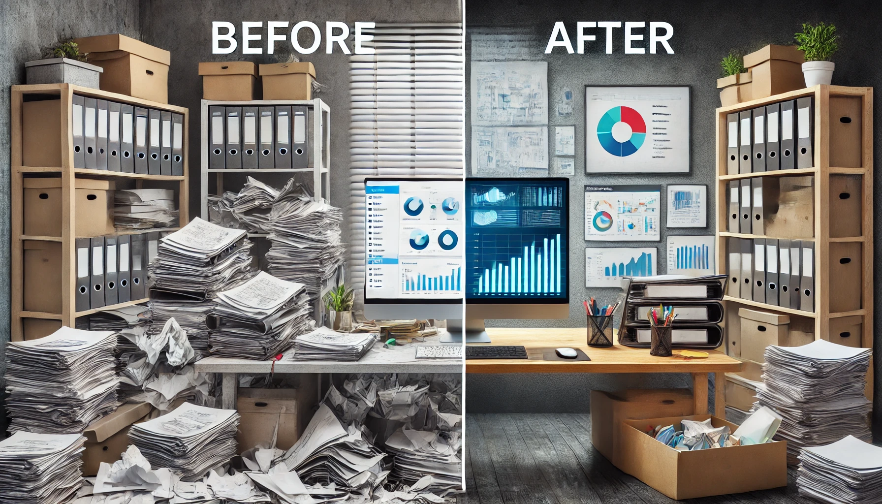Imagen dividida que muestra un "antes" con pilas de papeles y carpetas desordenadas, y un "después" con una pantalla de computadora mostrando el software de contabilidad en uso. Esta representación visual destaca la organización y simplificación que el software aporta a la gestión financiera.