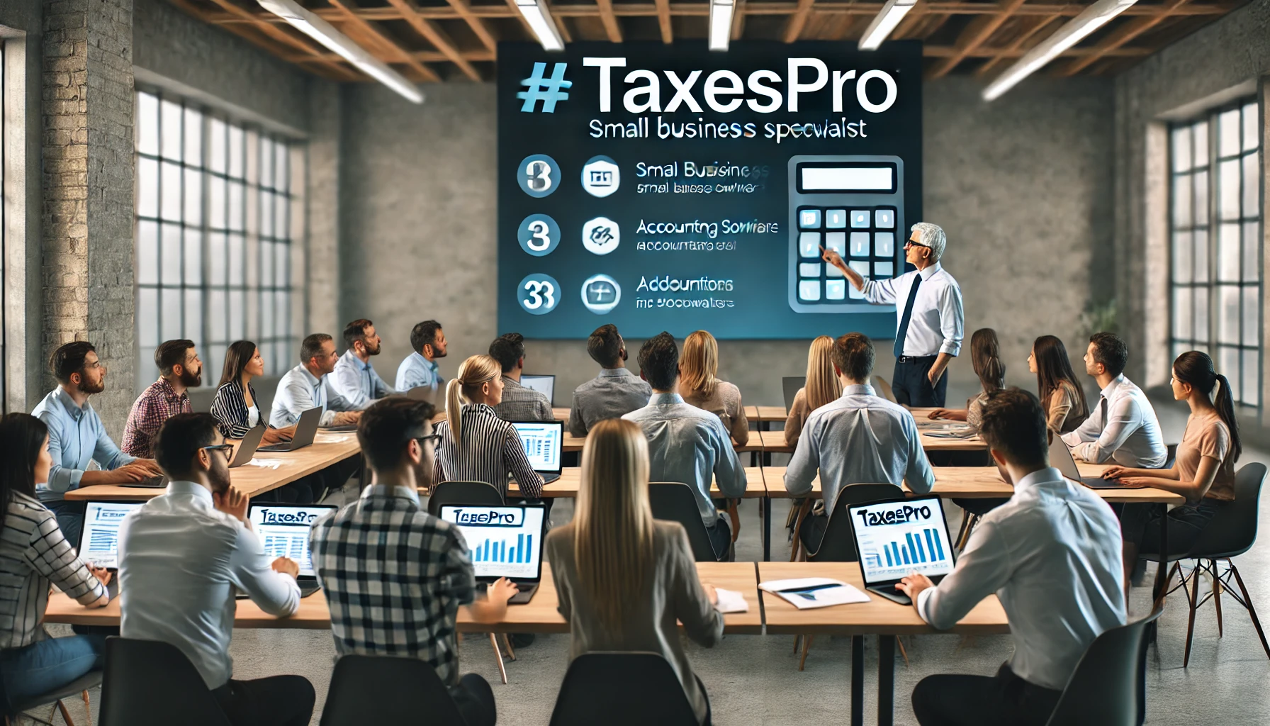grupo de pequeños empresarios en una sesión de formación, aprendiendo a utilizar el software de contabilidad. Esta formación la está impartiendo un especialista de TaxesPro. El instructor señala características clave en una pantalla grande, mientras los participantes siguen atentamente con sus laptops. Esto subraya el acceso a la educación y apoyo en la adopción de nuevas tecnologías