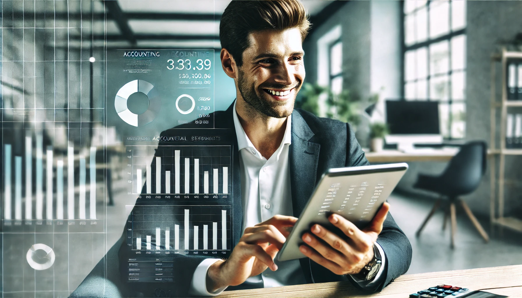 empresario sonriente, mirando un informe de resultados financieros positivos en su tablet. El fondo muestra un espacio de trabajo ordenado y moderno, reflejando la tranquilidad y control que el software de contabilidad ha traído a su negocio.