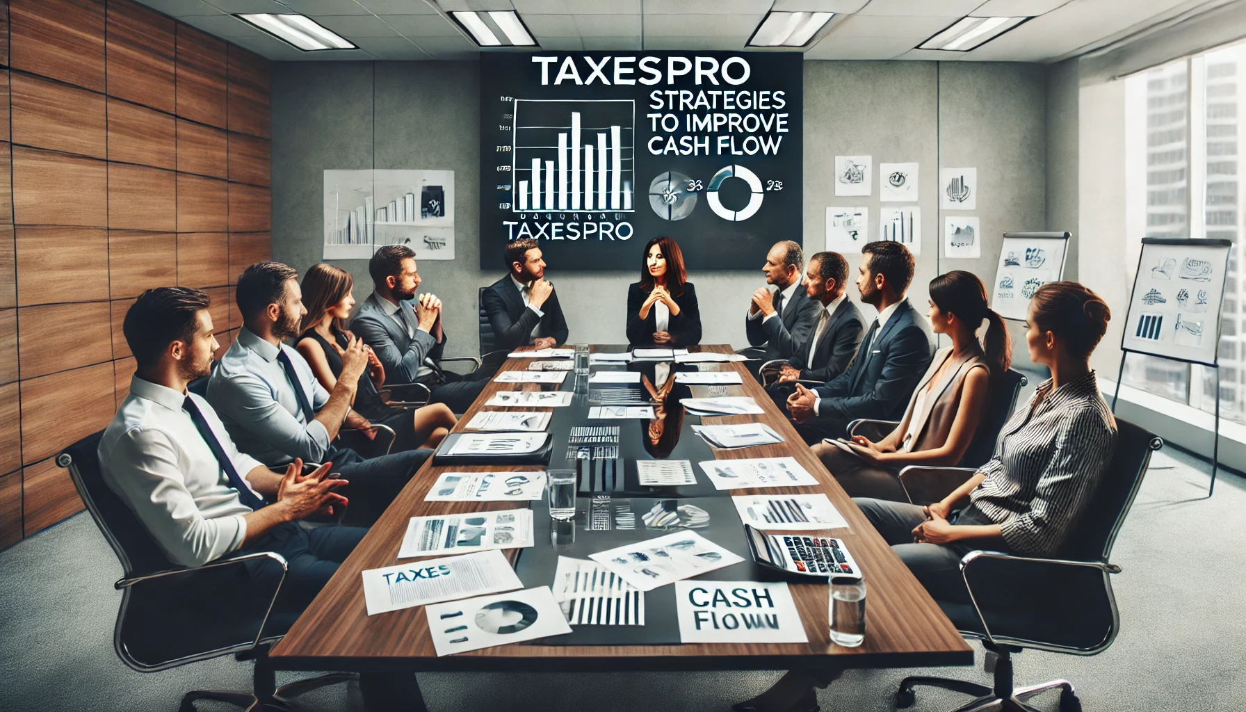 Flujo de Caja TaxesPro Grupo de empresarios y un asesor financiero de TaxesPro que están sentados alrededor de una mesa de conferencias, discutiendo estrategias para mejorar el flujo de caja. Los documentos y gráficos sobre la mesa indican una sesión de trabajo intensiva y colaborativa.