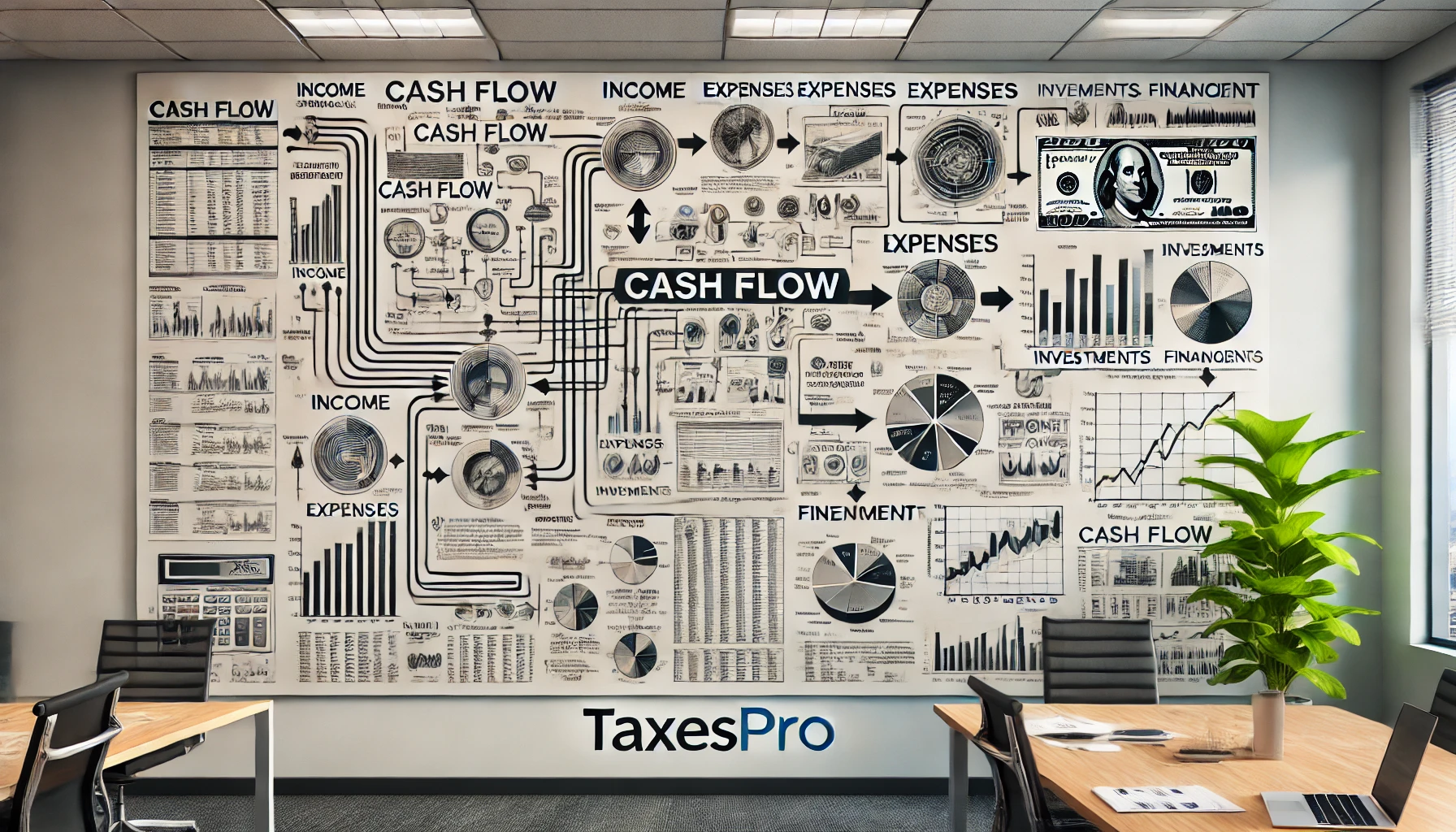 Diagrama de Flujo de Caja de TaxesPro Diagrama detallado de flujo de caja colgado en la pared de una oficina de TaxesPro, mostrando los diferentes componentes del flujo de caja de un negocio, incluyendo ingresos, gastos, inversiones y financiamiento. La visualización ayuda a entender mejor cómo se mueve el dinero dentro de la empresa.