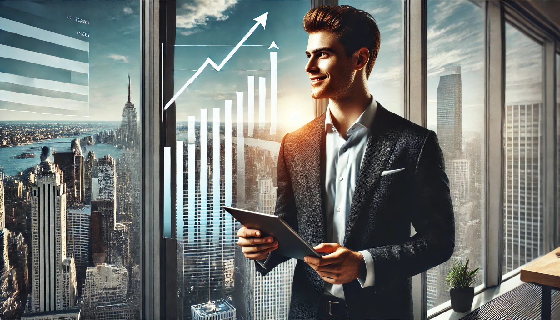 Gráficos ascendentes de flujo de caja Joven empresario parado frente a una ventana grande, mirando hacia la ciudad con una sonrisa, simbolizando confianza y éxito. En sus manos sostiene una tablet que muestra gráficos ascendentes de flujo de caja, reflejando los resultados positivos de una gestión efectiva.