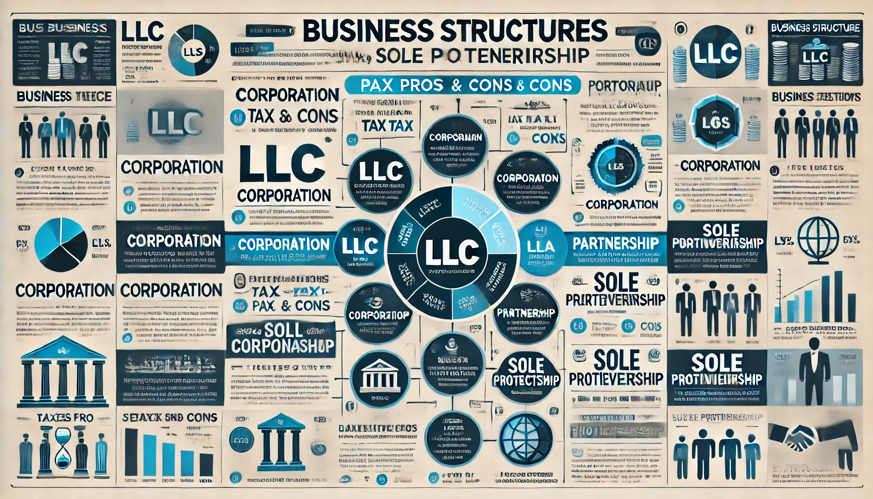 Gráfico visual que compara las diferentes estructuras empresariales como LLC, corporación, sociedad y empresa individual. Cada sección del gráfico destaca pros y contras específicos, enfocándose en las implicaciones fiscales y protección legal.