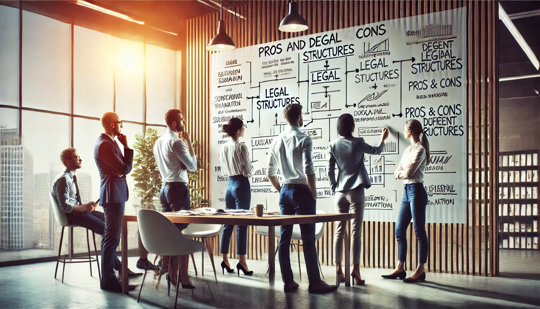 Grupo de emprendedores utilizando una pizarra blanca para mapear las ventajas y desventajas de diferentes estructuras legales. La imagen muestra un ambiente de colaboración y planificación estratégica.