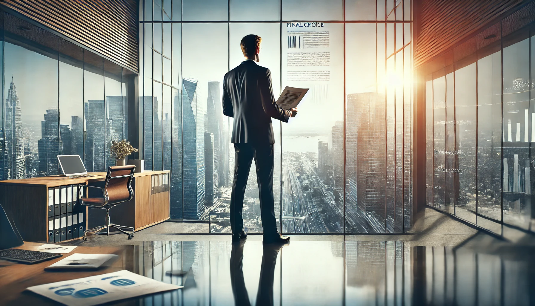 Empresario mirando a través de una ventana grande con vista a la ciudad, reflejando un momento de decisión y contemplación. En sus manos sostiene un documento que simboliza la elección final de la estructura empresarial, simbolizando el paso hacia la seguridad y el éxito futuro.