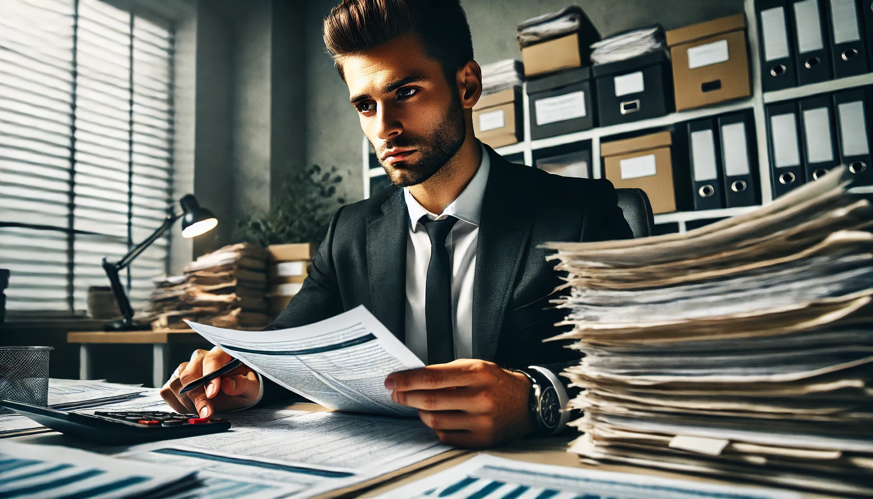 Empresario Consultando Documentos Fiscales Empresario en su despacho revisando detenidamente una pila de documentos fiscales y reportes financieros. La expresión seria y concentrada del empresario subraya la gravedad de mantenerse al día con las obligaciones fiscales.