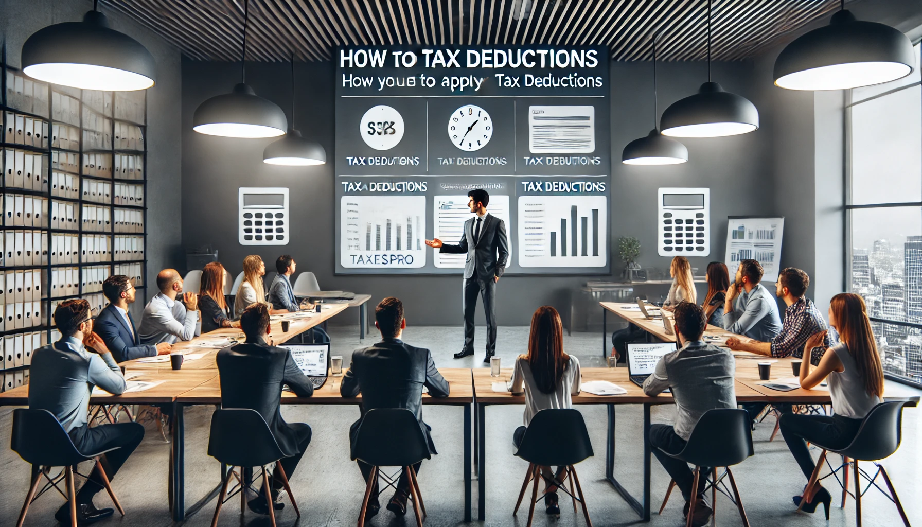 Seminario sobre deducciones fiscales, donde un experto fiscal de TaxesPro está dando una charla a un grupo de emprendedores. La sala está equipada con proyectores que muestran ejemplos prácticos de cómo aplicar deducciones fiscales en escenarios empresariales.