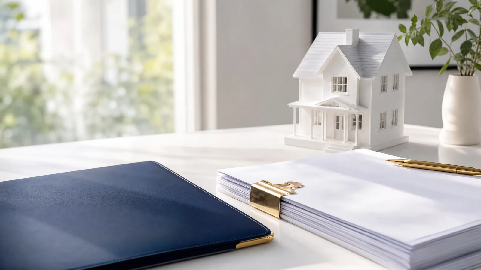 Maqueta de una casa junto a documentos ordenados, carpeta azul marino y pluma dorada